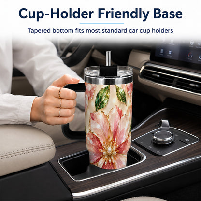 #pl[40oz|Black] Gemstone Style Floral 40oz Tumbler with Handle, Botanical Travel Cup