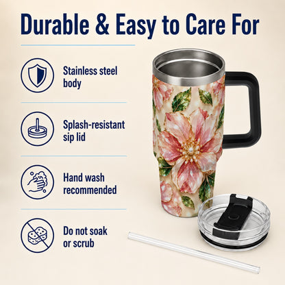 #pl[40oz|Black] Gemstone Style Floral 40oz Tumbler with Handle, Botanical Travel Cup
