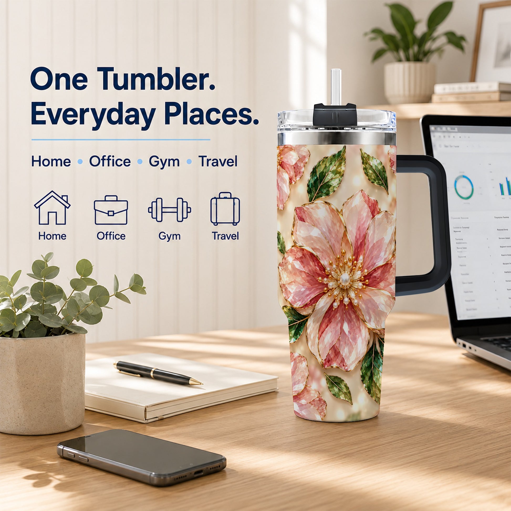 #pl[40oz|Black] Gemstone Style Floral 40oz Tumbler with Handle, Botanical Travel Cup