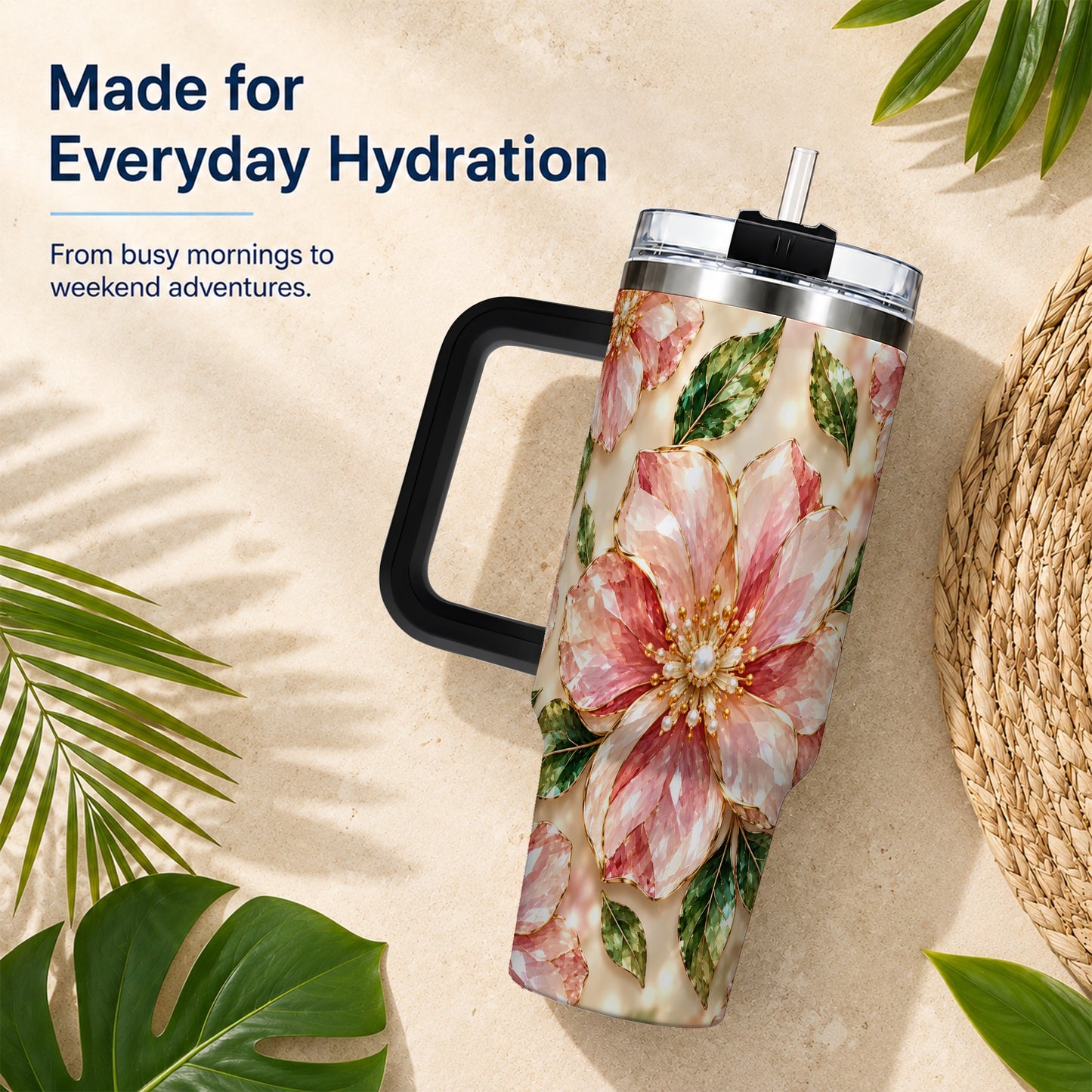 #pl[40oz|Black] Gemstone Style Floral 40oz Tumbler with Handle, Botanical Travel Cup