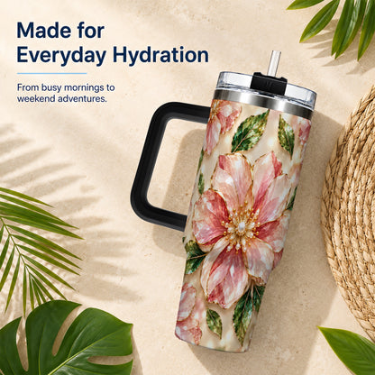 #pl[40oz|Black] Gemstone Style Floral 40oz Tumbler with Handle, Botanical Travel Cup