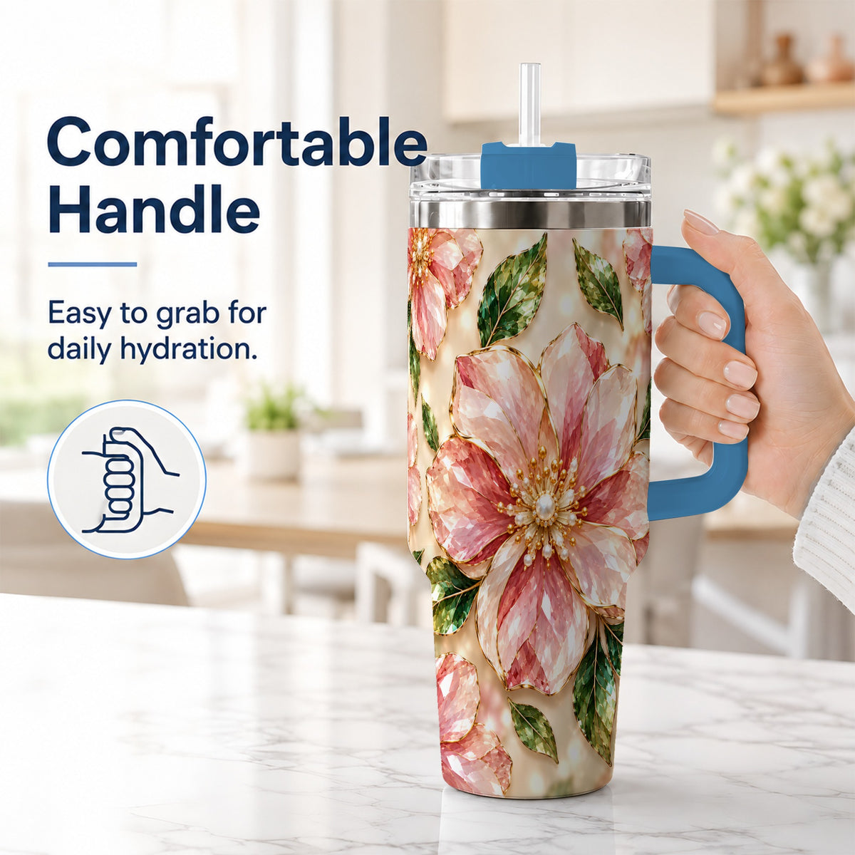 #pl[40oz|Blue] Gemstone Style Floral 40oz Tumbler with Handle, Botanical Travel Cup