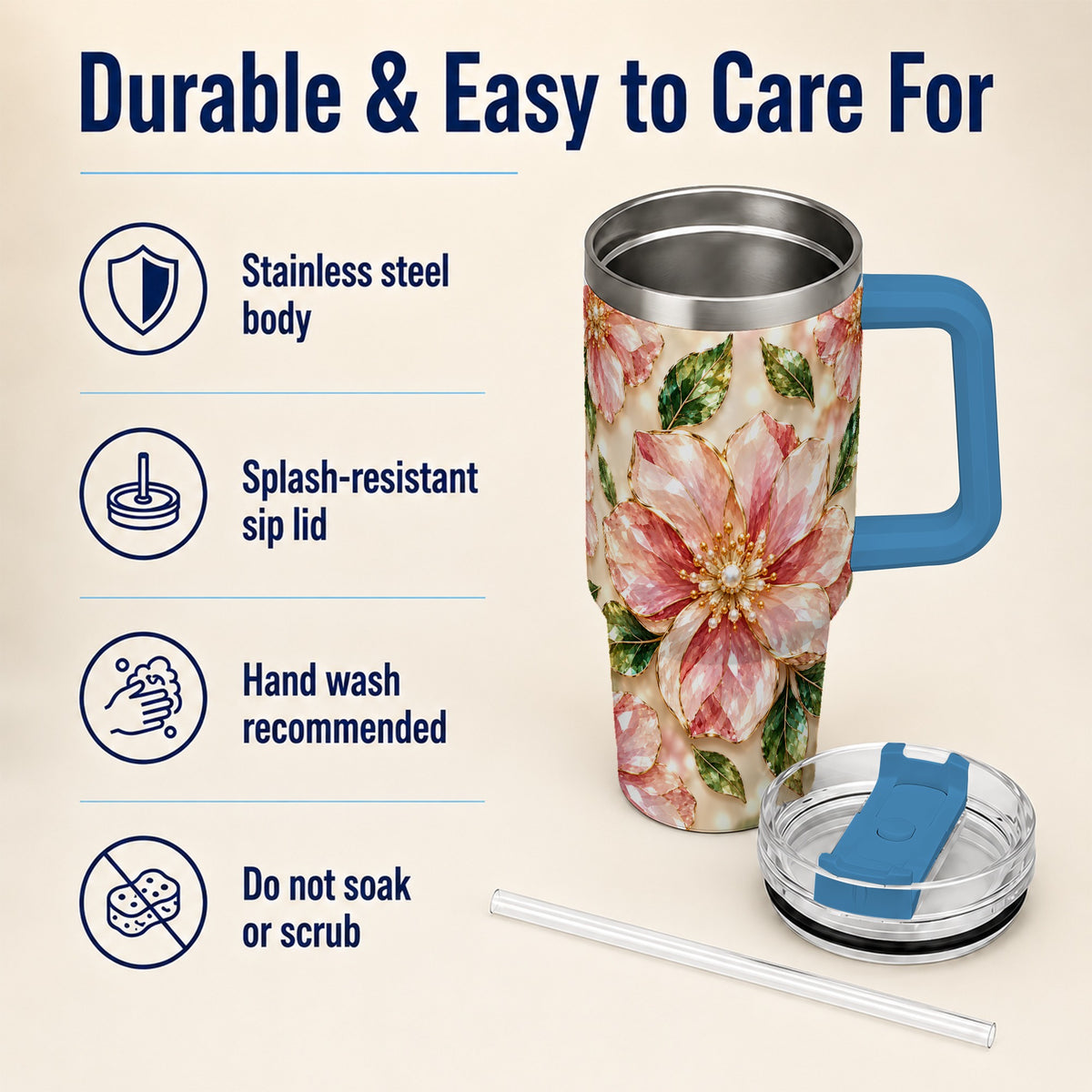 #pl[40oz|Blue] Gemstone Style Floral 40oz Tumbler with Handle, Botanical Travel Cup