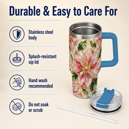 #pl[40oz|Blue] Gemstone Style Floral 40oz Tumbler with Handle, Botanical Travel Cup