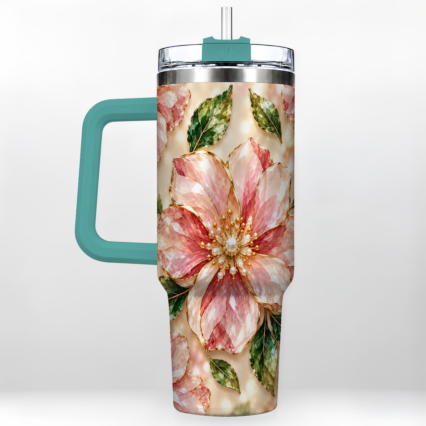 #pl[40oz|Green] Gemstone Style Floral 40oz Tumbler with Handle, Botanical Travel Cup