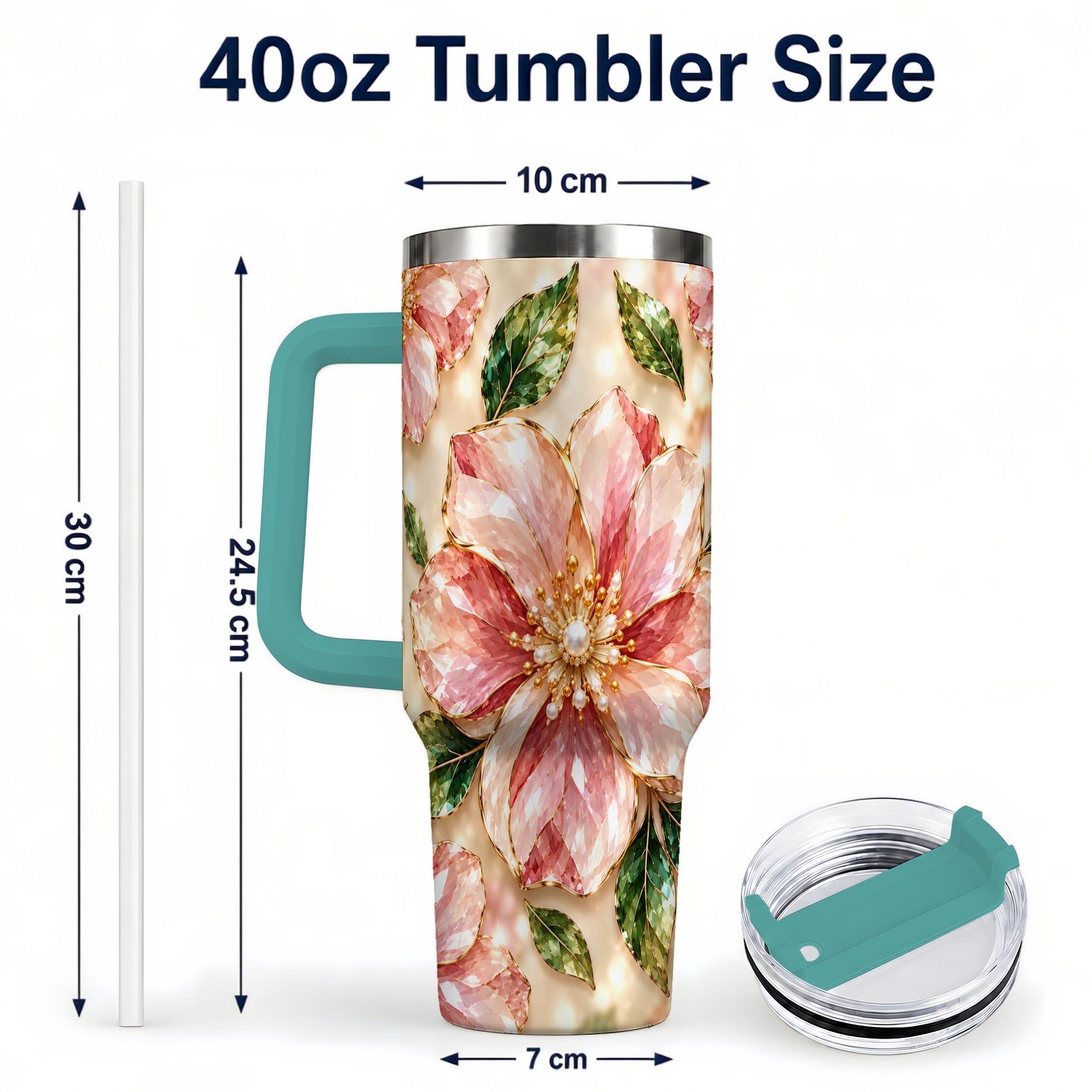 #pl[40oz|Green] Gemstone Style Floral 40oz Tumbler with Handle, Botanical Travel Cup