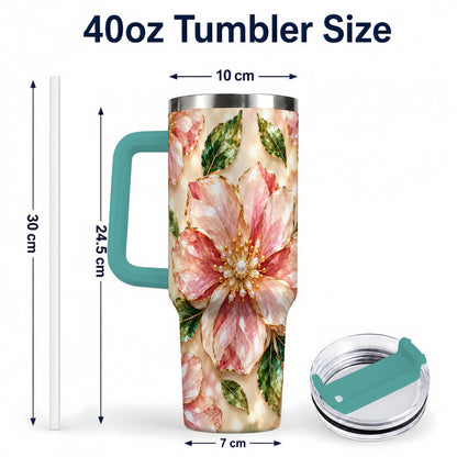 #pl[40oz|Green] Gemstone Style Floral 40oz Tumbler with Handle, Botanical Travel Cup