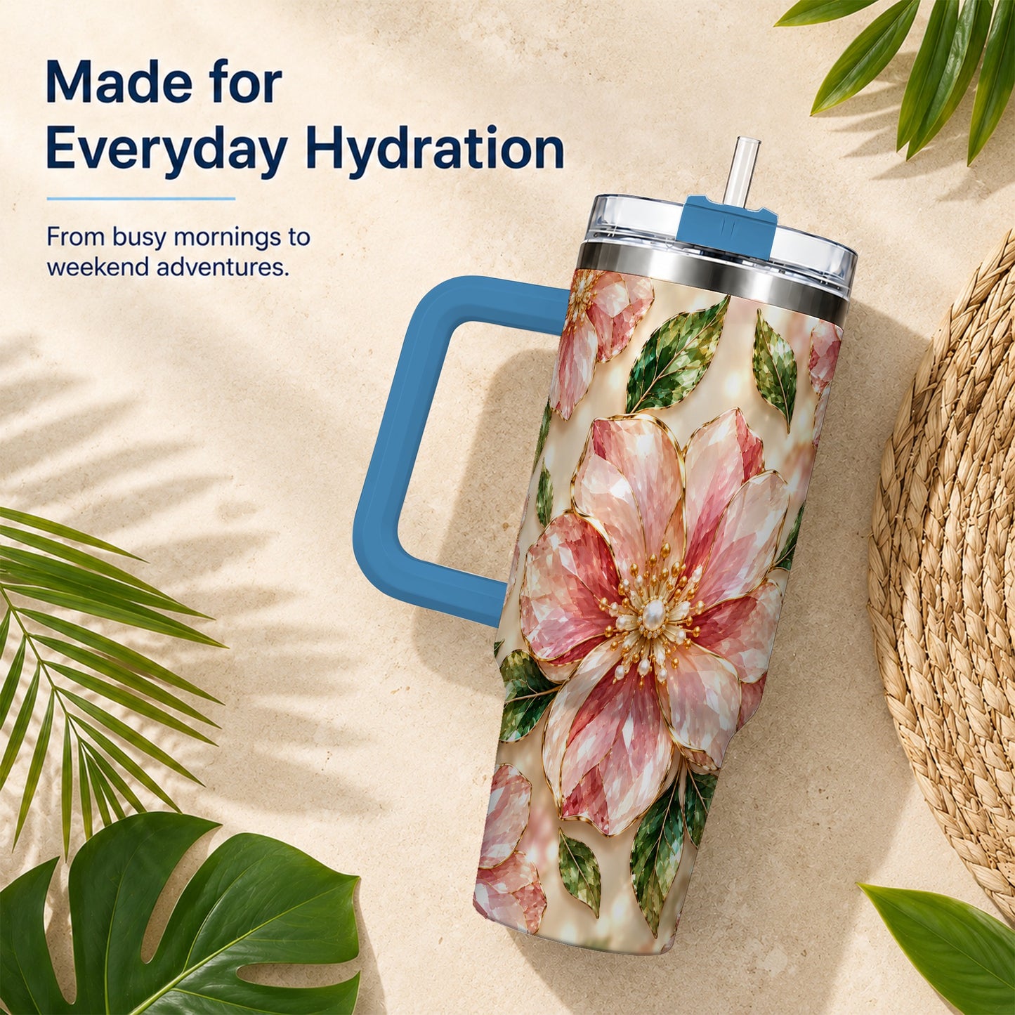 #pl[40oz|Blue] Gemstone Style Floral 40oz Tumbler with Handle, Botanical Travel Cup