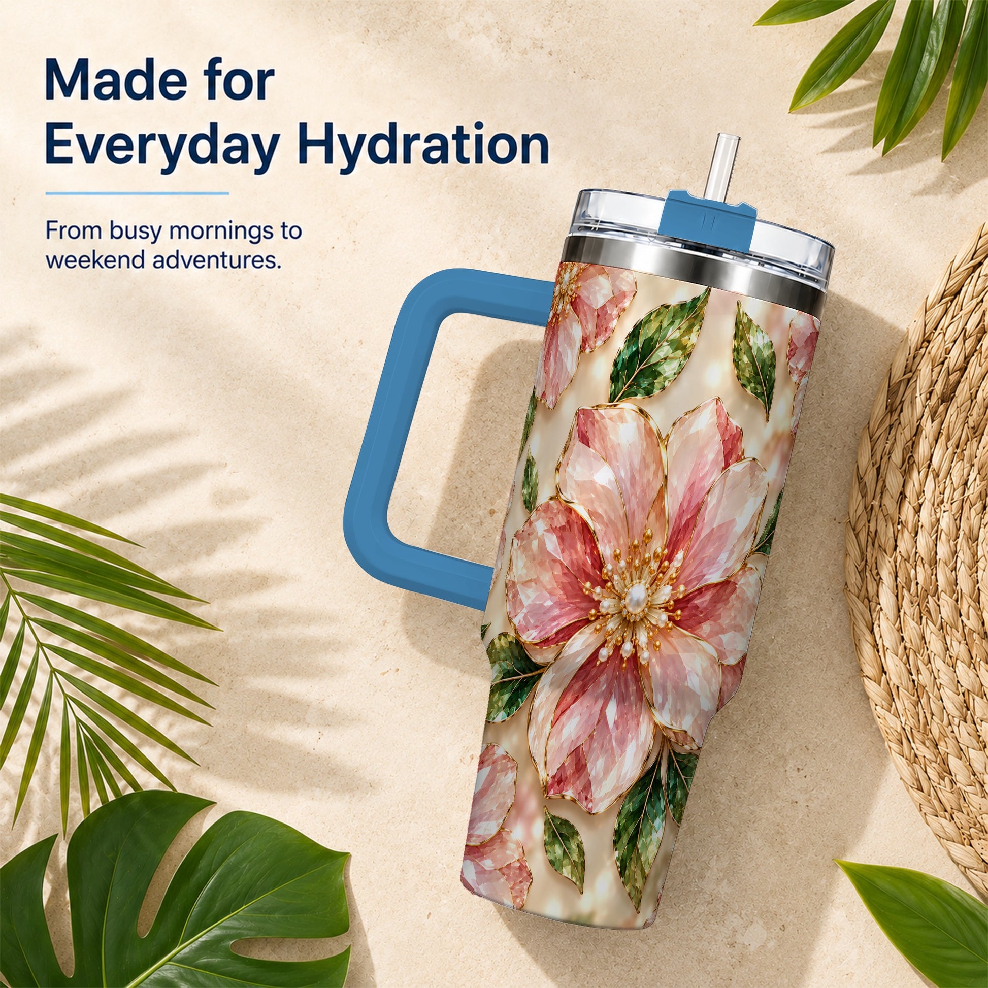 #pl[40oz|Blue] Gemstone Style Floral 40oz Tumbler with Handle, Botanical Travel Cup