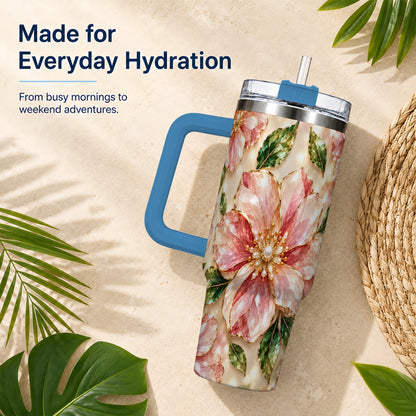 #pl[40oz|Blue] Gemstone Style Floral 40oz Tumbler with Handle, Botanical Travel Cup