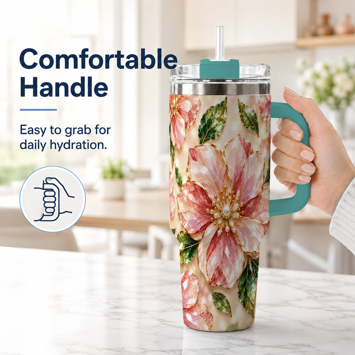 #pl[40oz|Green] Gemstone Style Floral 40oz Tumbler with Handle, Botanical Travel Cup