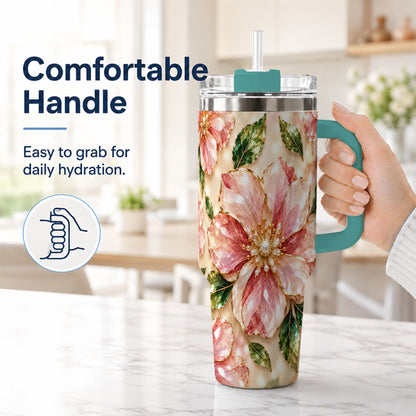 #pl[40oz|Green] Gemstone Style Floral 40oz Tumbler with Handle, Botanical Travel Cup