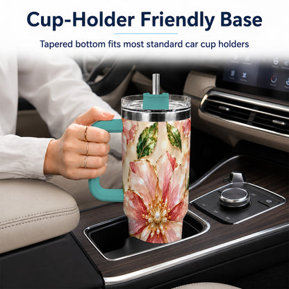 #pl[40oz|Green] Gemstone Style Floral 40oz Tumbler with Handle, Botanical Travel Cup