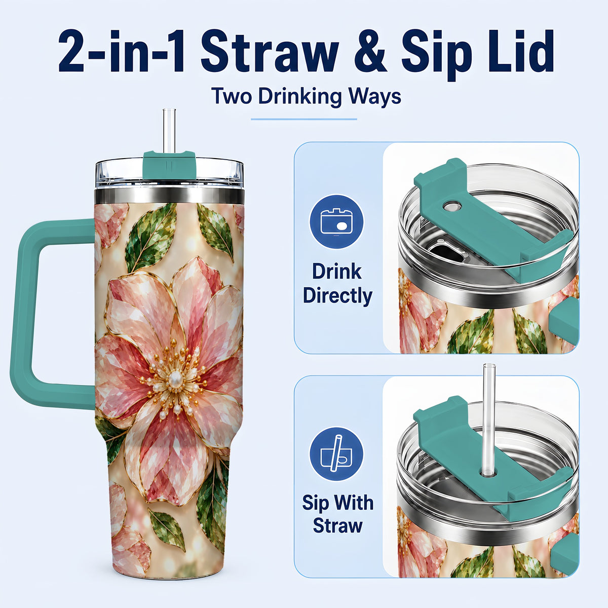 #pl[40oz|Green] Gemstone Style Floral 40oz Tumbler with Handle, Botanical Travel Cup