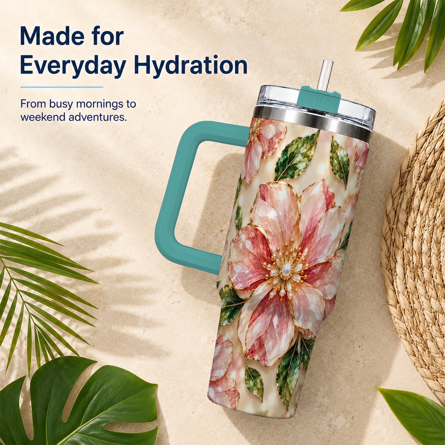 #pl[40oz|Green] Gemstone Style Floral 40oz Tumbler with Handle, Botanical Travel Cup