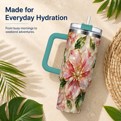 #pl[40oz|Green] Gemstone Style Floral 40oz Tumbler with Handle, Botanical Travel Cup