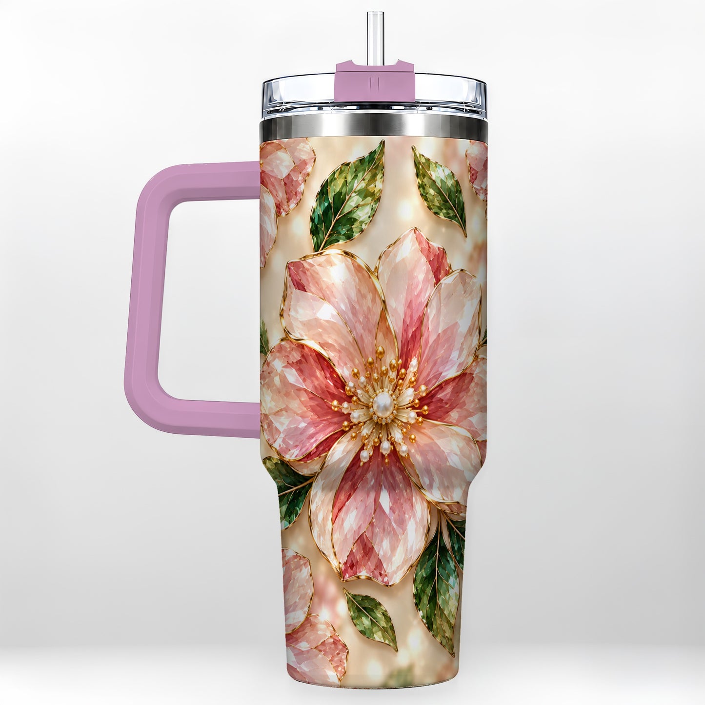#pl[40oz|Pink] Gemstone Style Floral 40oz Tumbler with Handle, Botanical Travel Cup
