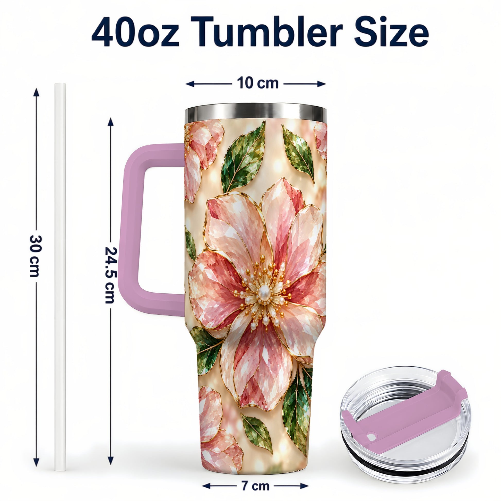 #pl[40oz|Pink] Gemstone Style Floral 40oz Tumbler with Handle, Botanical Travel Cup