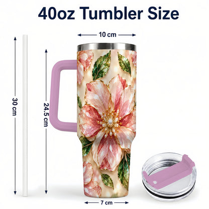 #pl[40oz|Pink] Gemstone Style Floral 40oz Tumbler with Handle, Botanical Travel Cup