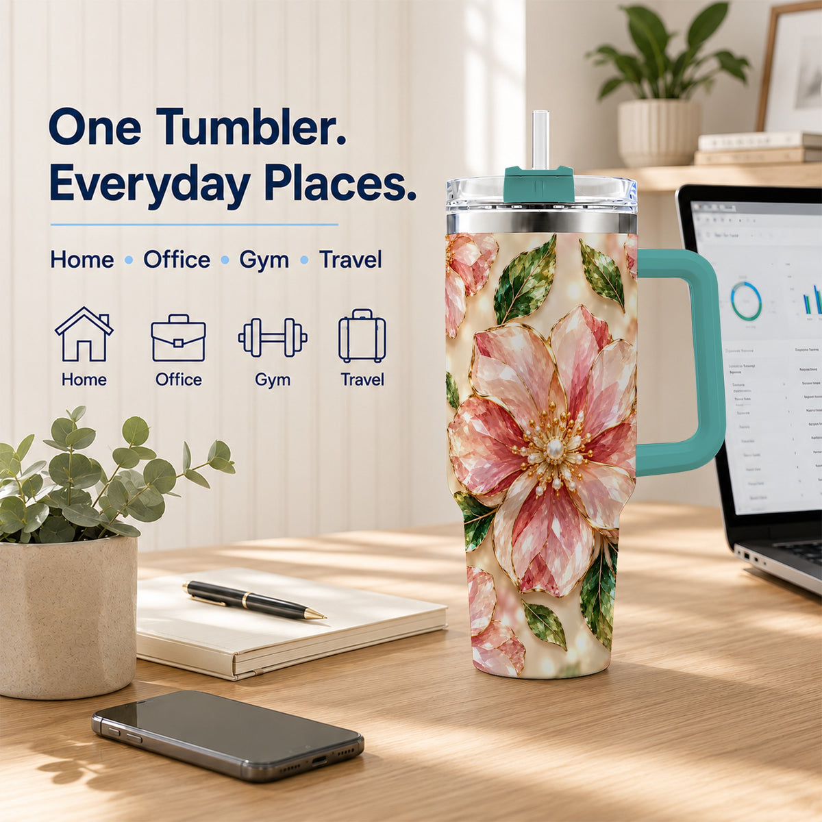 #pl[40oz|Green] Gemstone Style Floral 40oz Tumbler with Handle, Botanical Travel Cup