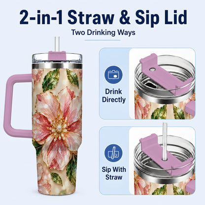 #pl[40oz|Pink] Gemstone Style Floral 40oz Tumbler with Handle, Botanical Travel Cup