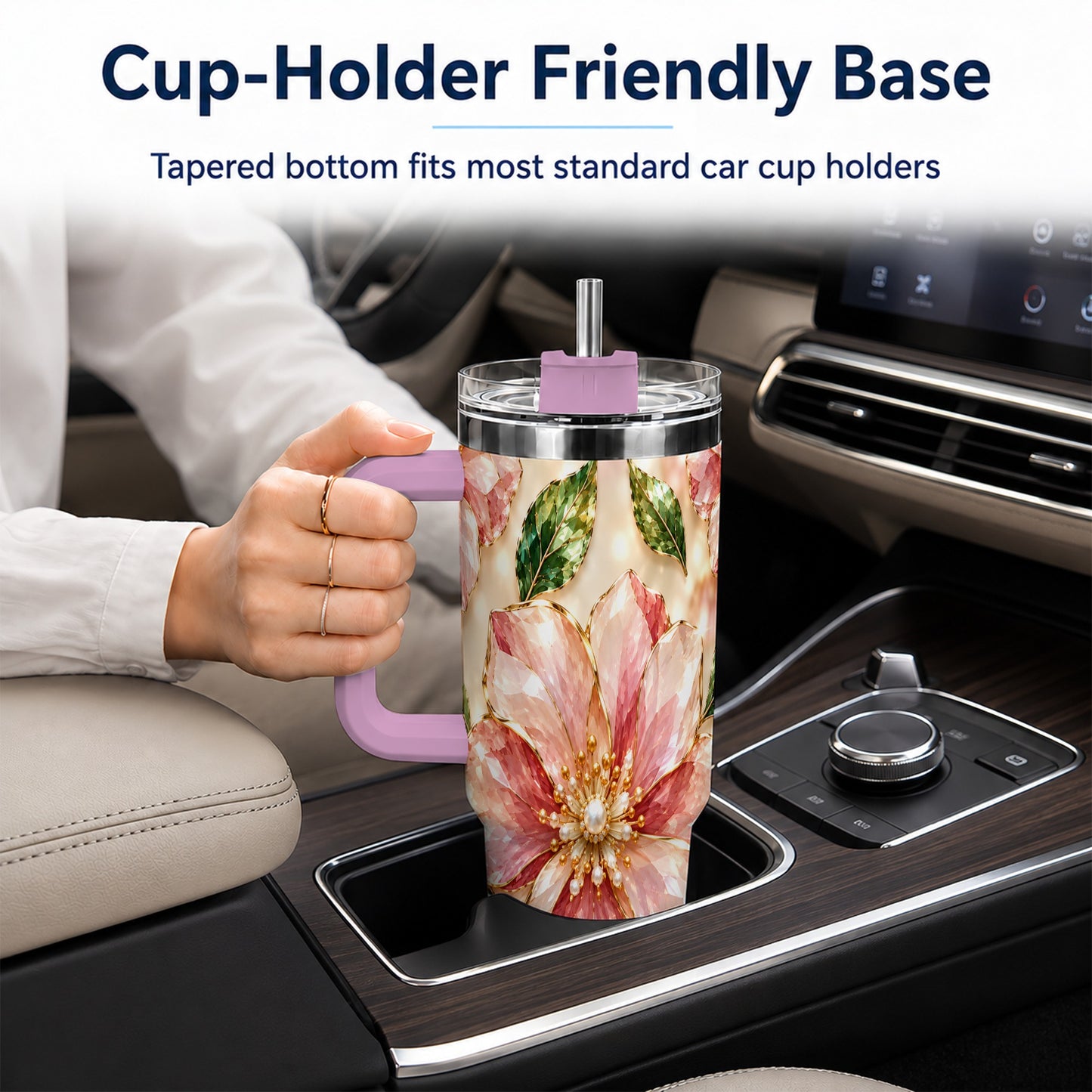 #pl[40oz|Pink] Gemstone Style Floral 40oz Tumbler with Handle, Botanical Travel Cup