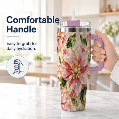#pl[40oz|Pink] Gemstone Style Floral 40oz Tumbler with Handle, Botanical Travel Cup