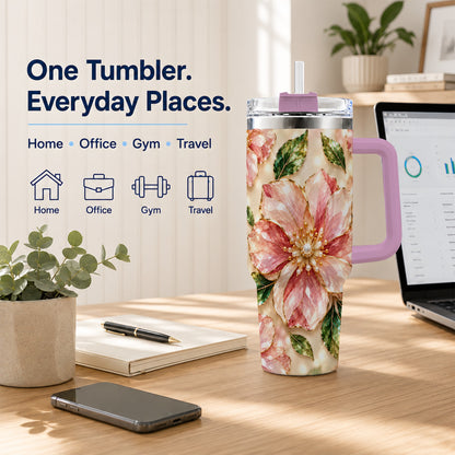 #pl[40oz|Pink] Gemstone Style Floral 40oz Tumbler with Handle, Botanical Travel Cup