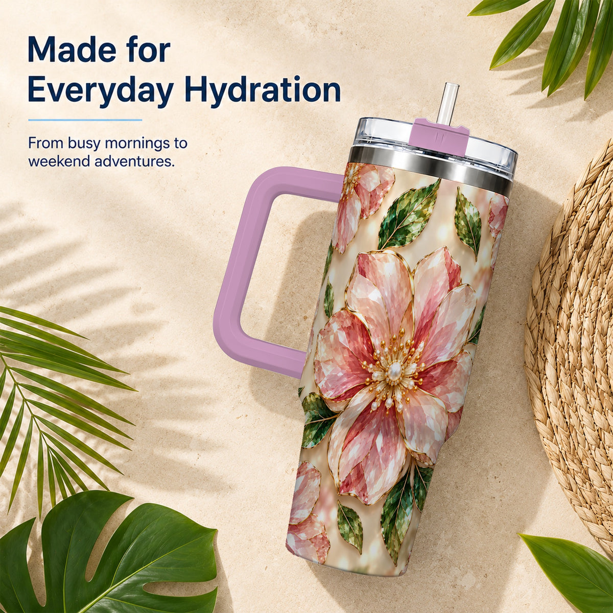 #pl[40oz|Pink] Gemstone Style Floral 40oz Tumbler with Handle, Botanical Travel Cup