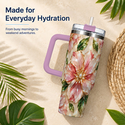 #pl[40oz|Pink] Gemstone Style Floral 40oz Tumbler with Handle, Botanical Travel Cup