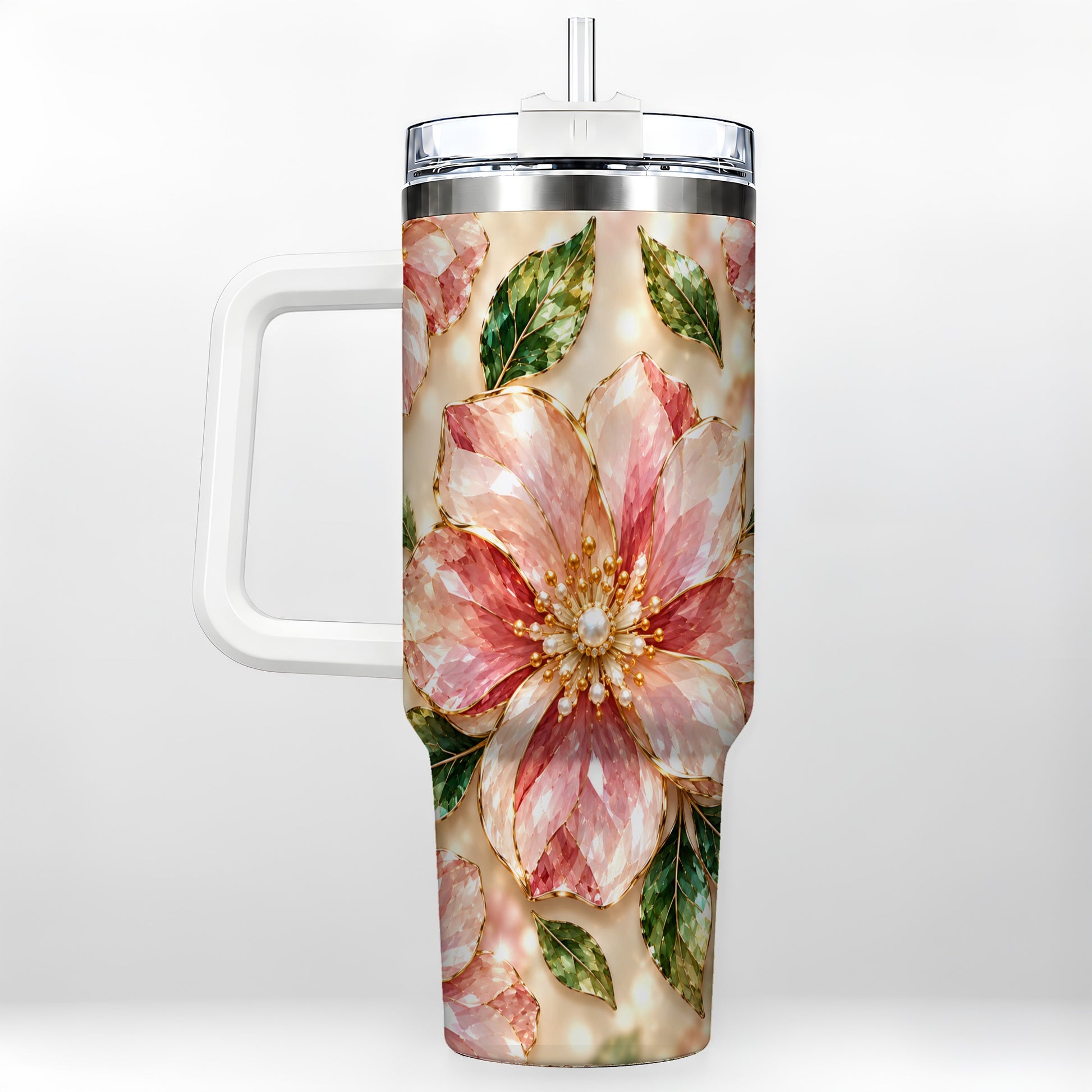 Gemstone Style Floral 40oz Tumbler with Handle, Botanical Travel Cup