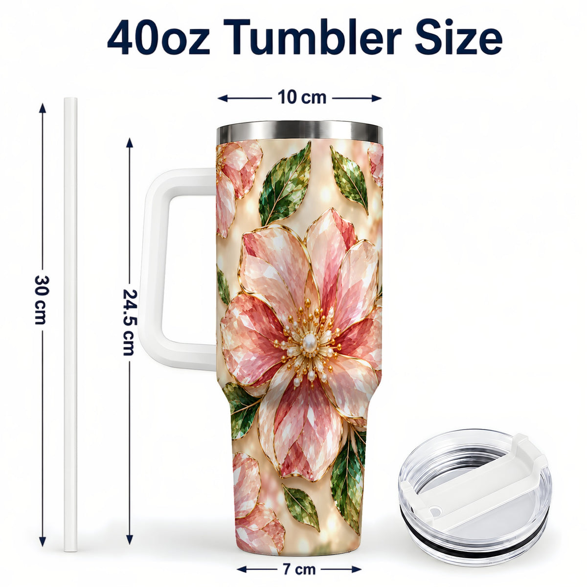 #pl[40oz|White] Gemstone Style Floral 40oz Tumbler with Handle, Botanical Travel Cup
