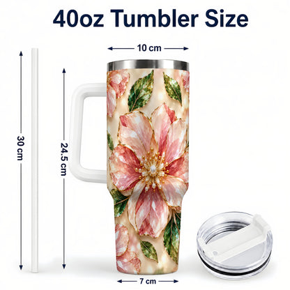 #pl[40oz|White] Gemstone Style Floral 40oz Tumbler with Handle, Botanical Travel Cup