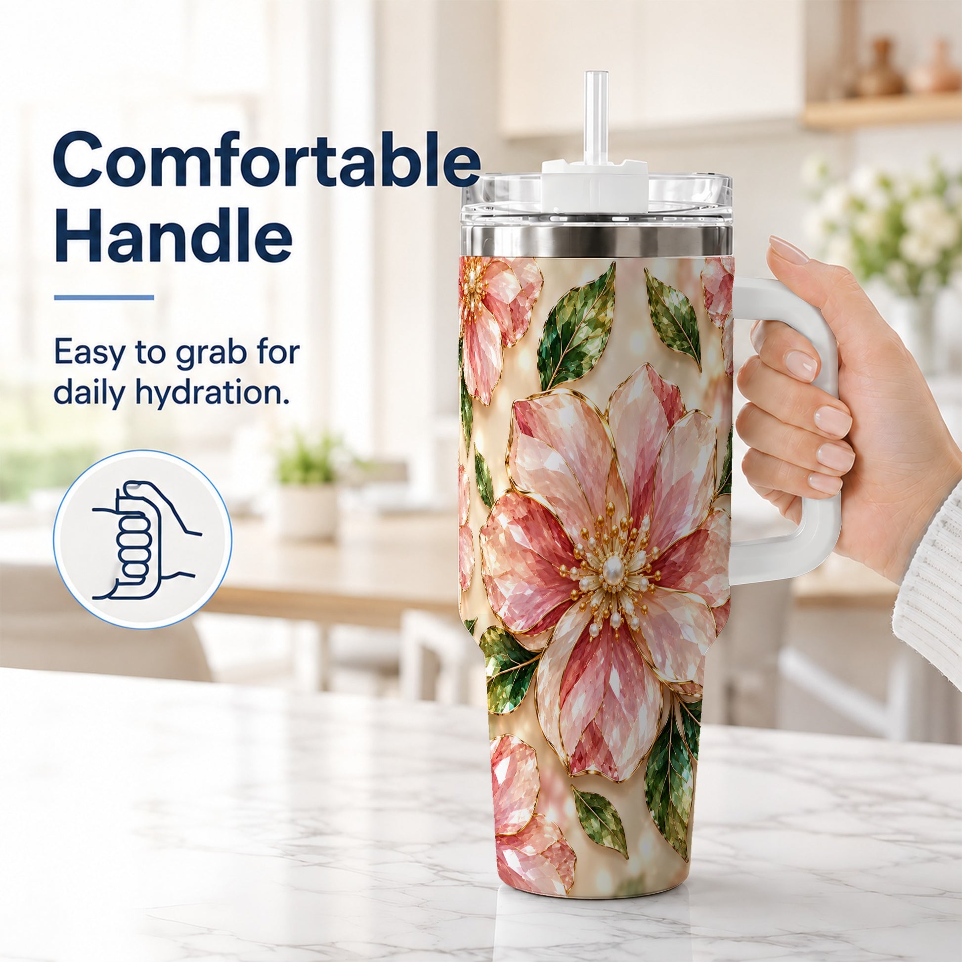 #pl[40oz|White] Gemstone Style Floral 40oz Tumbler with Handle, Botanical Travel Cup
