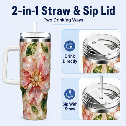 #pl[40oz|White] Gemstone Style Floral 40oz Tumbler with Handle, Botanical Travel Cup