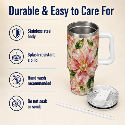 #pl[40oz|White] Gemstone Style Floral 40oz Tumbler with Handle, Botanical Travel Cup