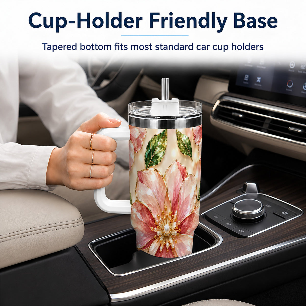 #pl[40oz|White] Gemstone Style Floral 40oz Tumbler with Handle, Botanical Travel Cup