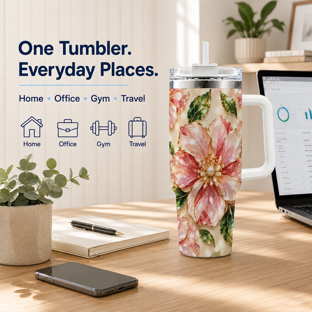 #pl[40oz|White] Gemstone Style Floral 40oz Tumbler with Handle, Botanical Travel Cup