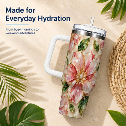 #pl[40oz|White] Gemstone Style Floral 40oz Tumbler with Handle, Botanical Travel Cup