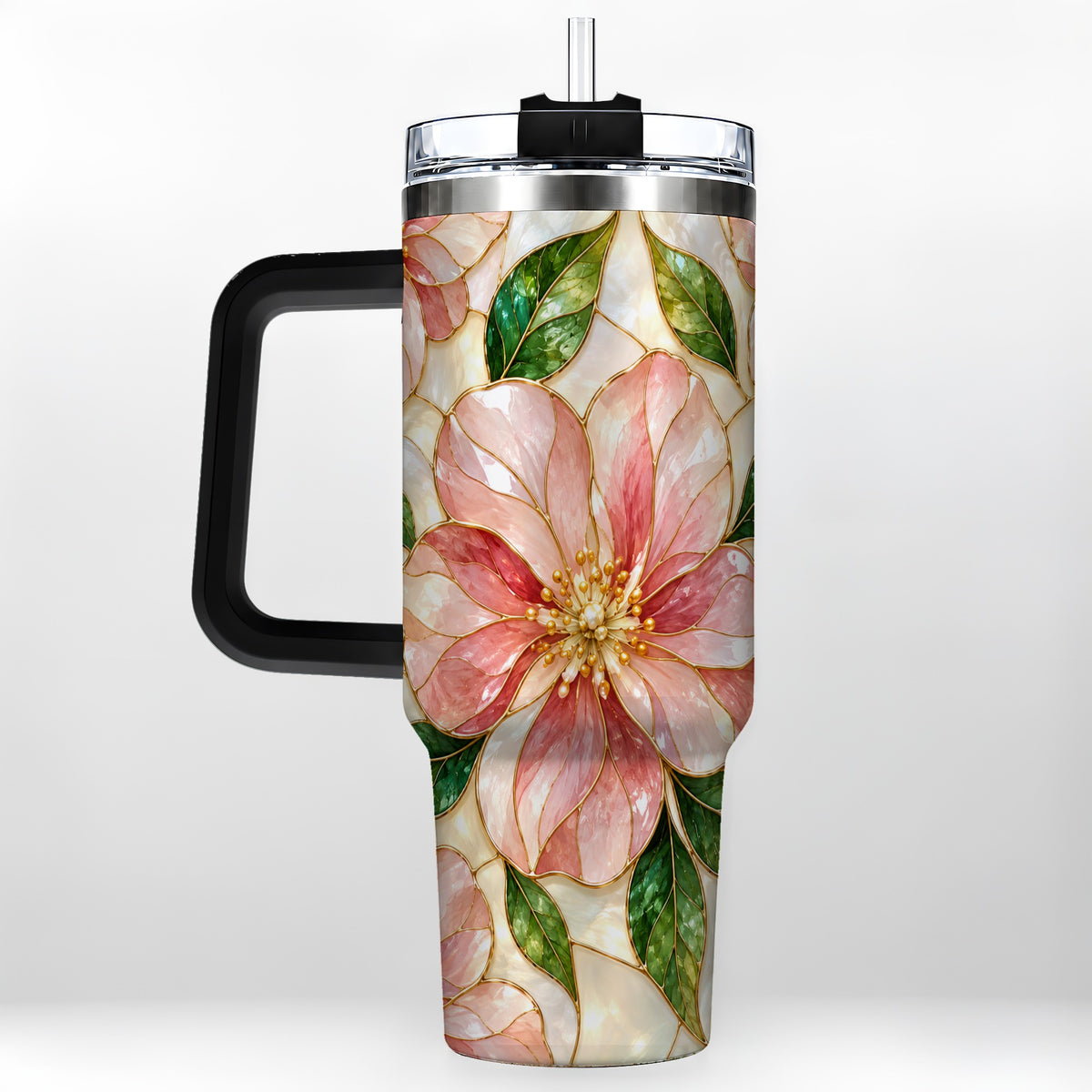 #pl[40oz|Black] Floral 40oz Tumbler with Handle, Stained Glass Style Botanical Cup