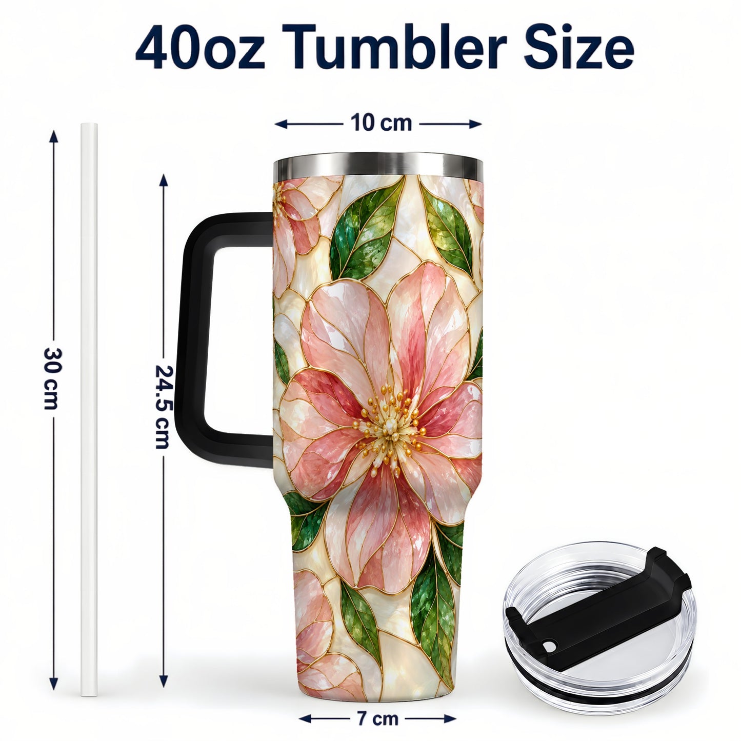 #pl[40oz|Black] Floral 40oz Tumbler with Handle, Stained Glass Style Botanical Cup