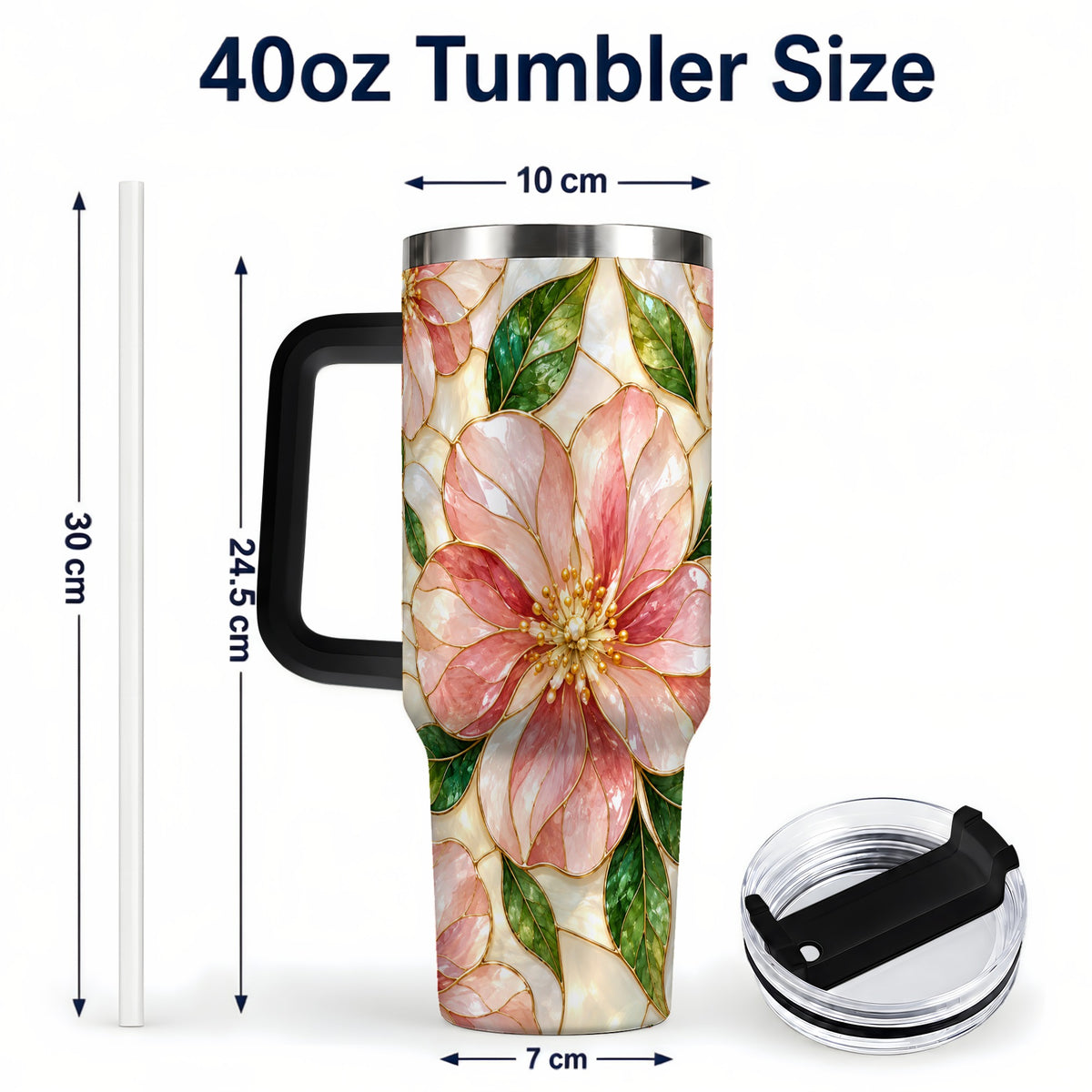 #pl[40oz|Black] Floral 40oz Tumbler with Handle, Stained Glass Style Botanical Cup