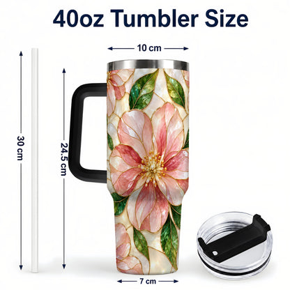 #pl[40oz|Black] Floral 40oz Tumbler with Handle, Stained Glass Style Botanical Cup