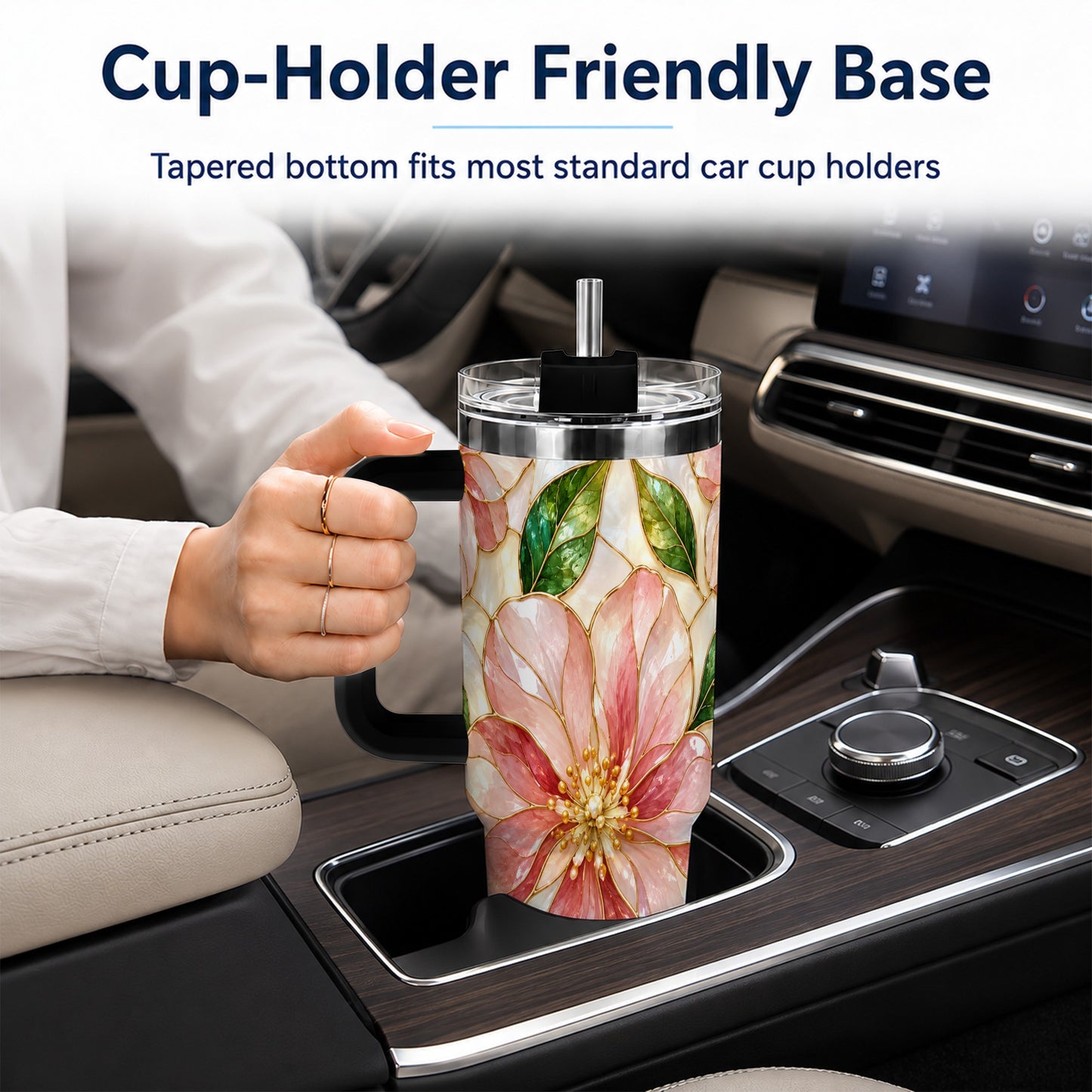 #pl[40oz|Black] Floral 40oz Tumbler with Handle, Stained Glass Style Botanical Cup