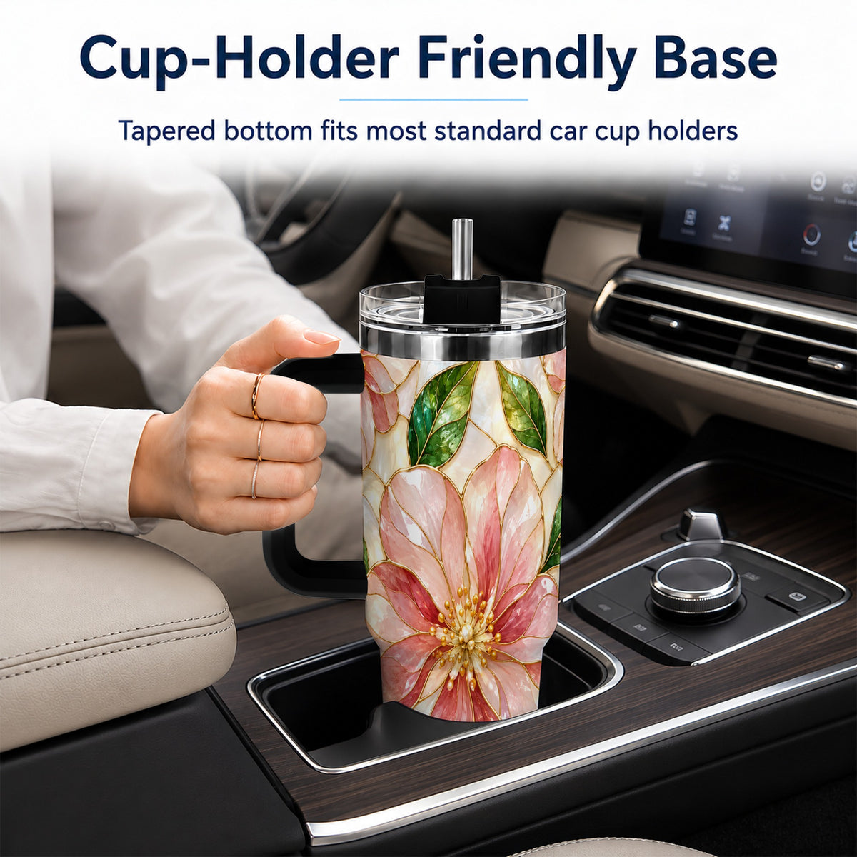 #pl[40oz|Black] Floral 40oz Tumbler with Handle, Stained Glass Style Botanical Cup