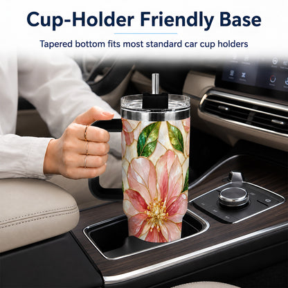 #pl[40oz|Black] Floral 40oz Tumbler with Handle, Stained Glass Style Botanical Cup
