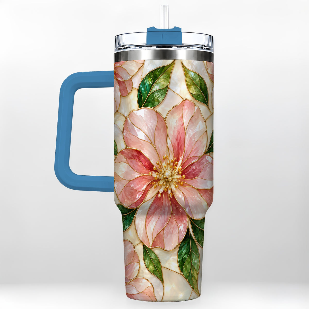 #pl[40oz|Blue] Floral 40oz Tumbler with Handle, Stained Glass Style Botanical Cup