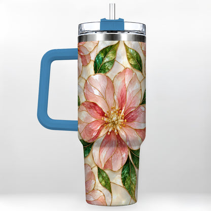 #pl[40oz|Blue] Floral 40oz Tumbler with Handle, Stained Glass Style Botanical Cup