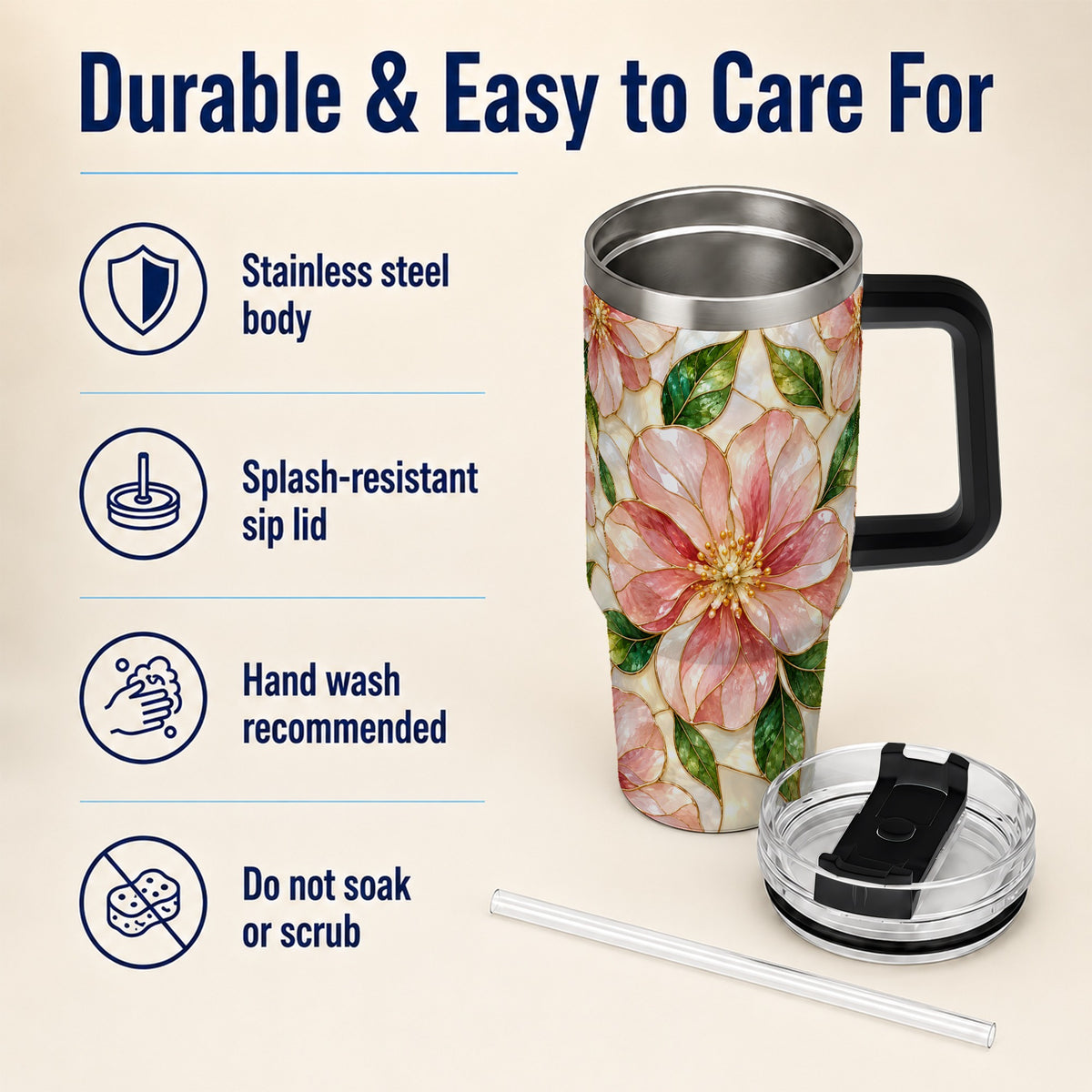 #pl[40oz|Black] Floral 40oz Tumbler with Handle, Stained Glass Style Botanical Cup