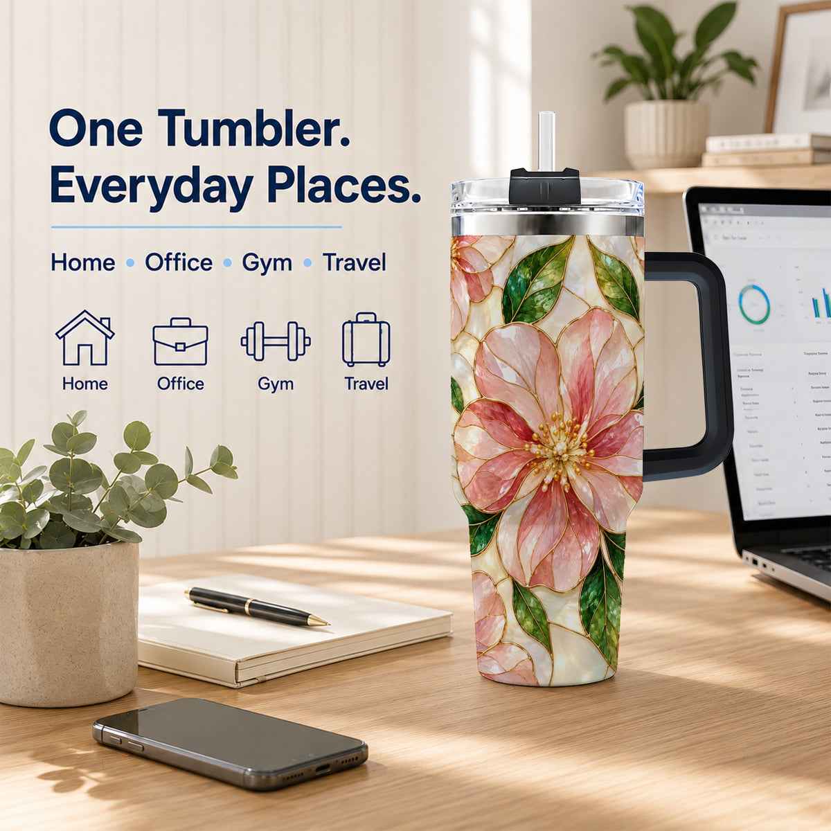 #pl[40oz|Black] Floral 40oz Tumbler with Handle, Stained Glass Style Botanical Cup